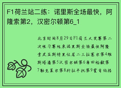 F1荷兰站二练：诺里斯全场最快，阿隆索第2，汉密尔顿第6_1